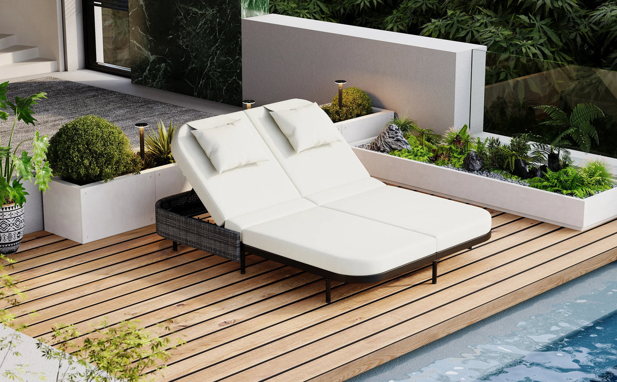 Outdoor Wicker Double Chaise (Black Frame+Beige Cushion) - Furniture Home Direct