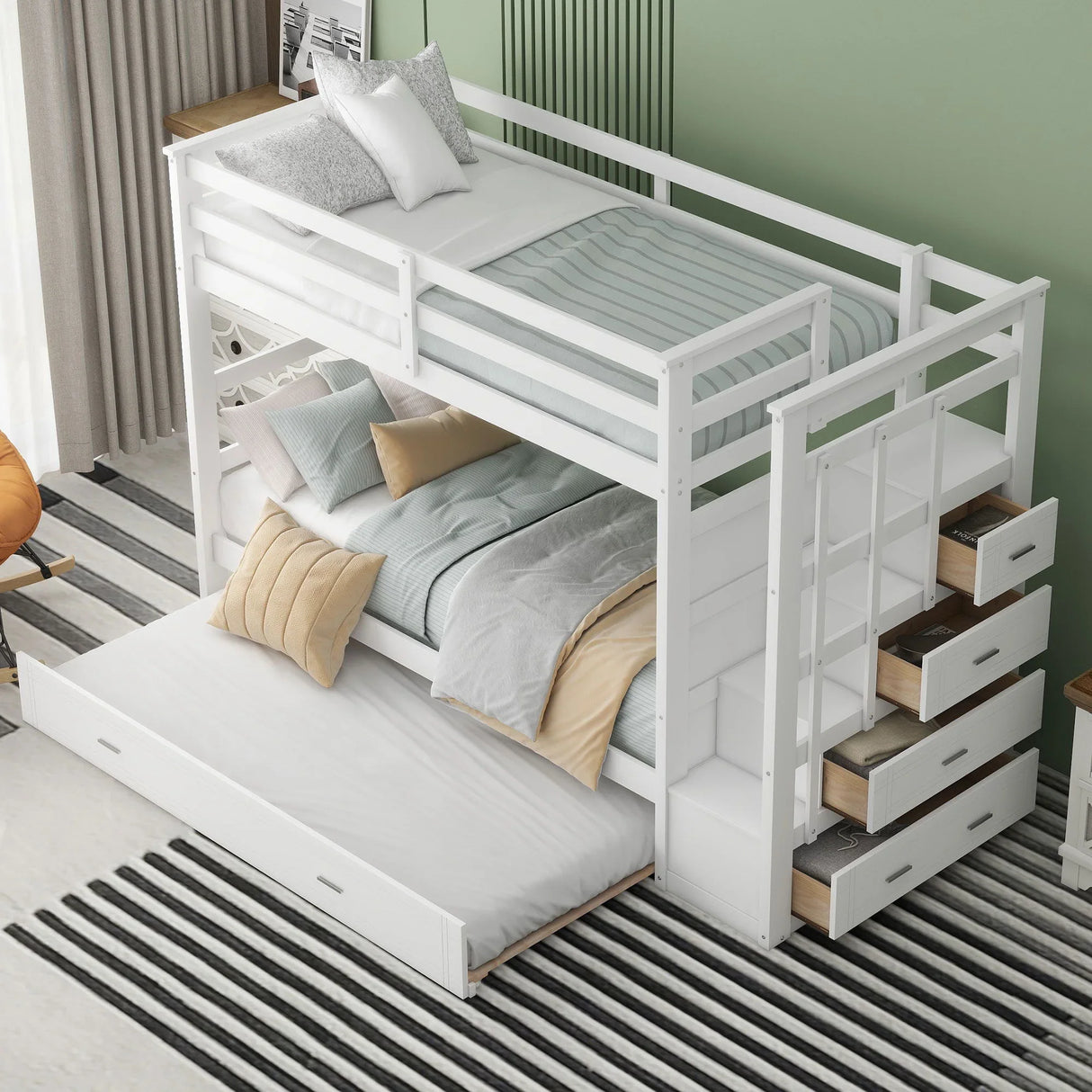 Twin Over Twin Bunk Bed With Trundle And Staircase - White - Furniture Home Direct