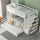 Twin Over Twin Bunk Bed With Trundle And Staircase - White - Furniture Home Direct