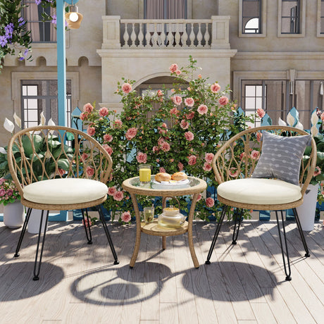 Outdoor Rattan Bistro Set With Glass Top Cushions Beige - Furniture Home Direct
