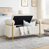 Elegant Upholstered Linen Storage Bench With Cylindrical Arms And Iron Legs, White - Furniture Home Direct