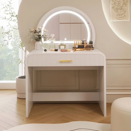 Makeup Vanity Table With Mirror Touch Screen Lighted Mirror, Dressing Table With Drawer For Bedroom - White - Furniture Home Direct