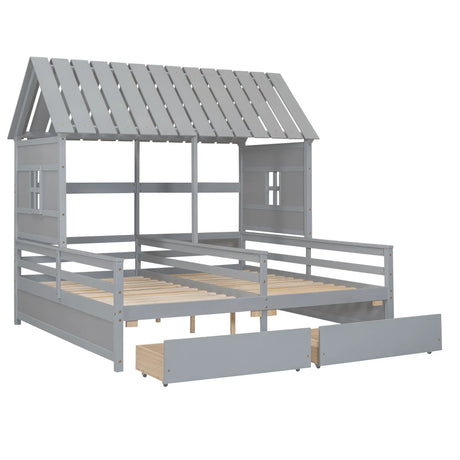 Twin Size House Platform Beds With 2 Drawers For Shared Use - Gray - Furniture Home Direct