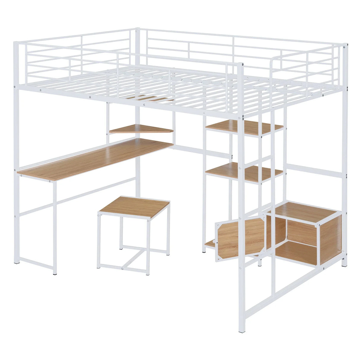 Full Size Loft Bed With Desk And Stool, With Open Style Wardrobe, Shelves And Cabinet - White - Furniture Home Direct