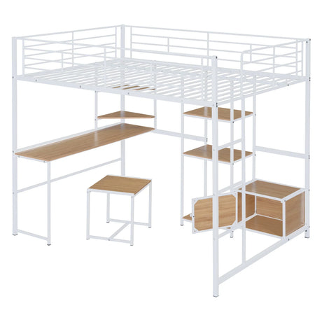Full Size Loft Bed With Desk And Stool, With Open Style Wardrobe, Shelves And Cabinet - White - Furniture Home Direct