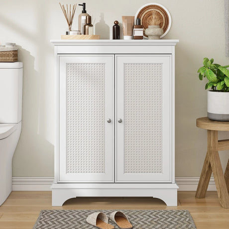 White 2 Door Rattan Storage Cabinet With Adjustable Partition, Medieval Modern Independent Buffet Cabinet, Multifunctional Decorative Cabinet Suitable For Living Room, Kitchen, Bathroom - White - Furniture Home Direct