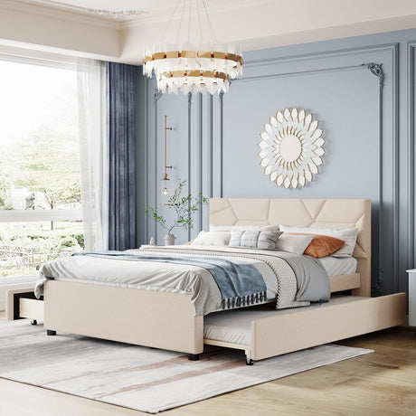 Upholstered Platform Bed With Brick Pattern Headboard And Twin Long Size Trundle - Furniture Home Direct