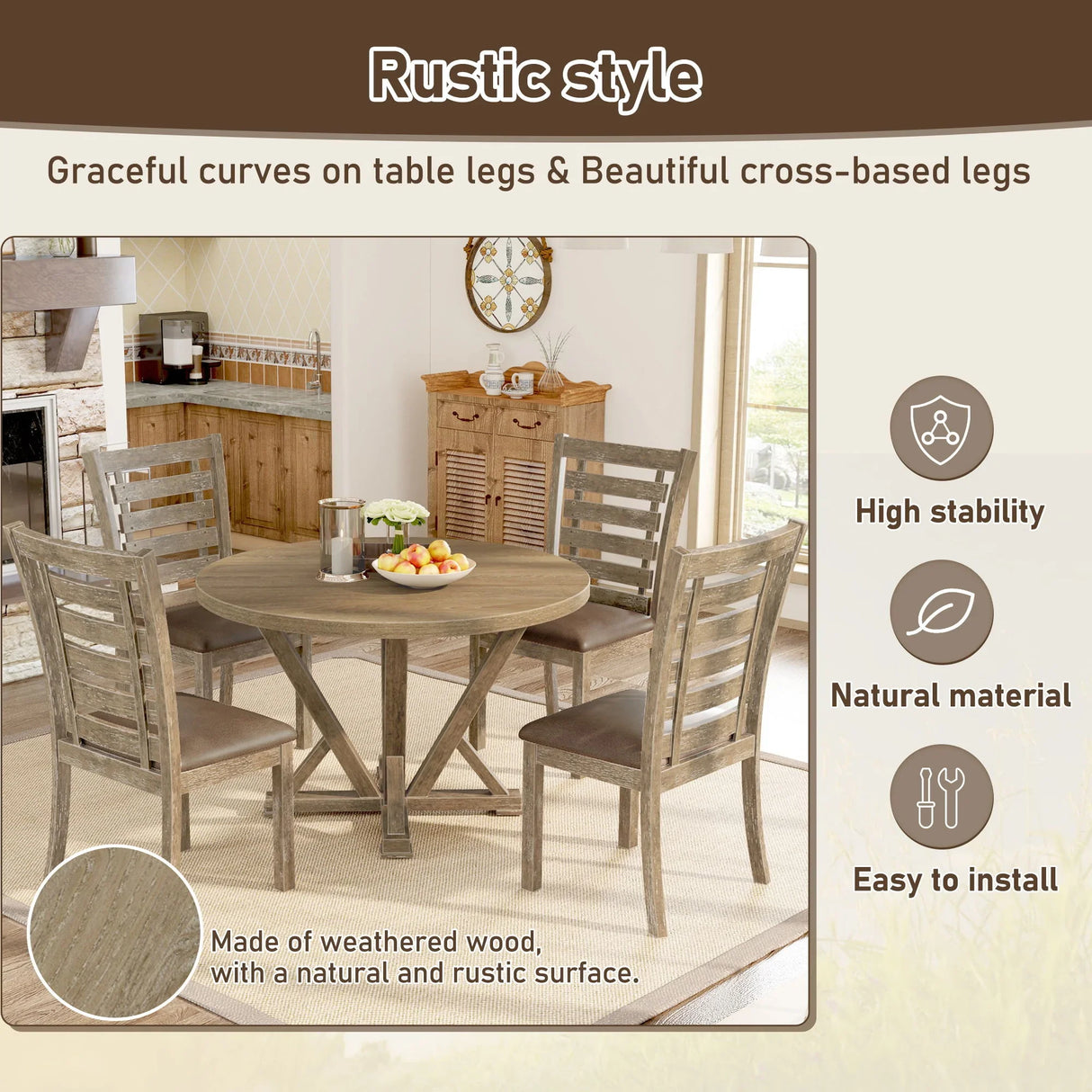 5 Pieces Table Set Round Dining Table Solid Wood Modern Farmhouse Rustic Look Distressed Look - Grayish Brown - Furniture Home Direct