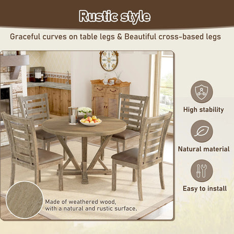 5 Pieces Table Set Round Dining Table Solid Wood Modern Farmhouse Rustic Look Distressed Look - Grayish Brown - Furniture Home Direct