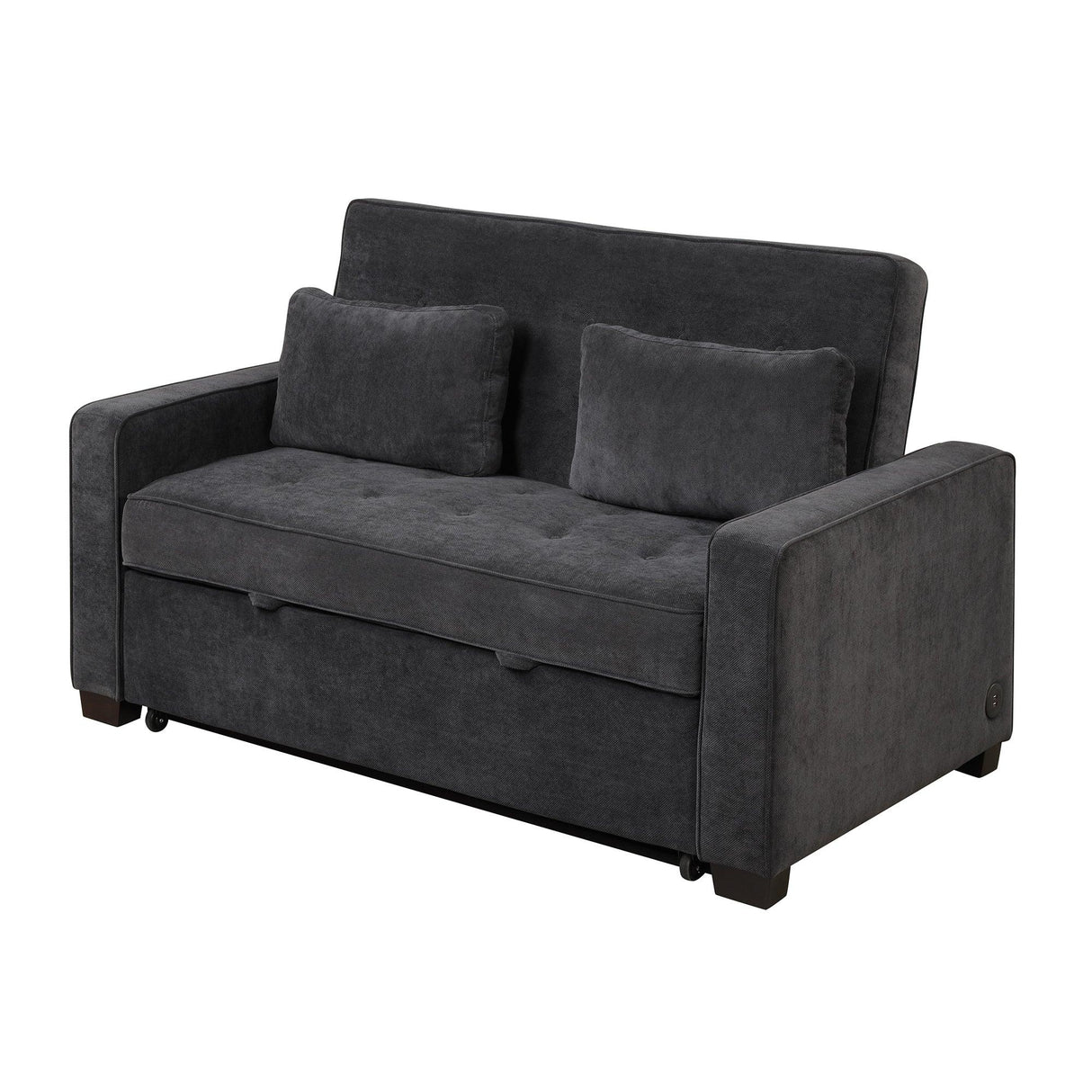 66.5" Upholstered Loveseat With Pull Out Bed, Two Throw Pillows, Dual USB Charging Port and Adjustable Backrest - Black - Furniture Home Direct
