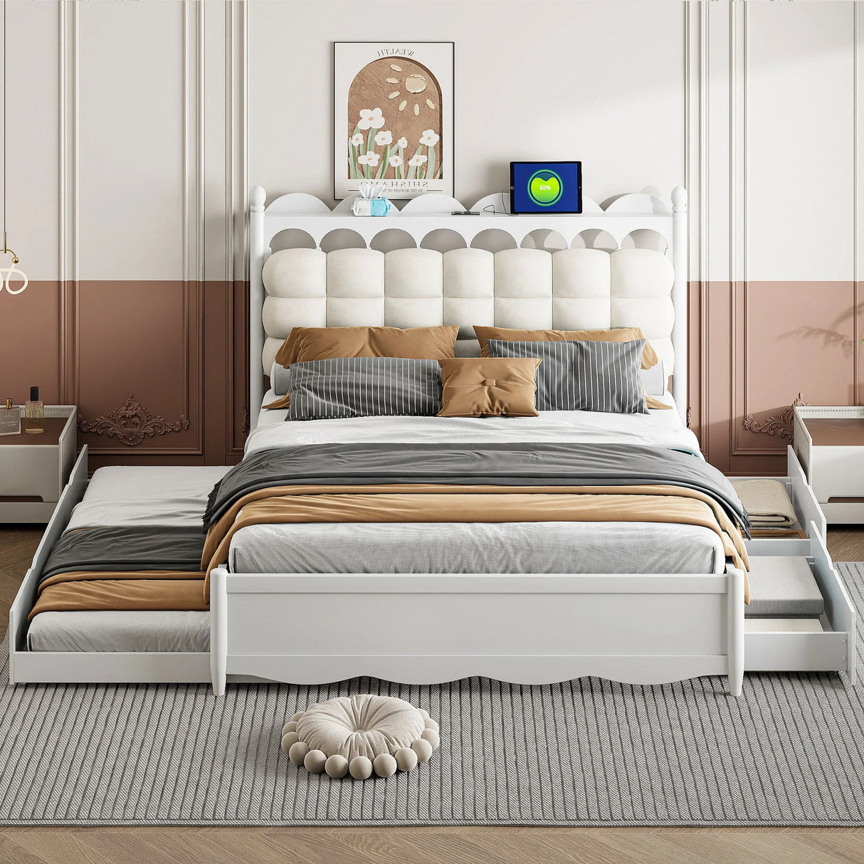 Storage Platform Bed, With 2 Big Drawers, Trundle, One Set Of Sockets & USB Ports - Furniture Home Direct