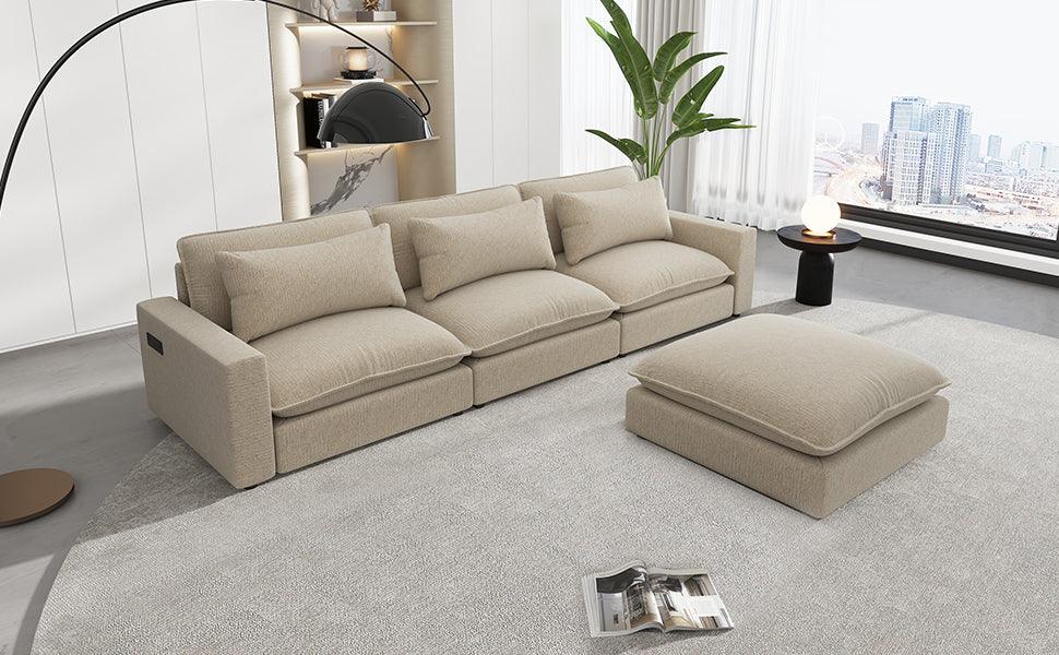 Cloud Sectional with Ottoman, Charging Ports and Three Back Pillows - Beige - Furniture Home Direct