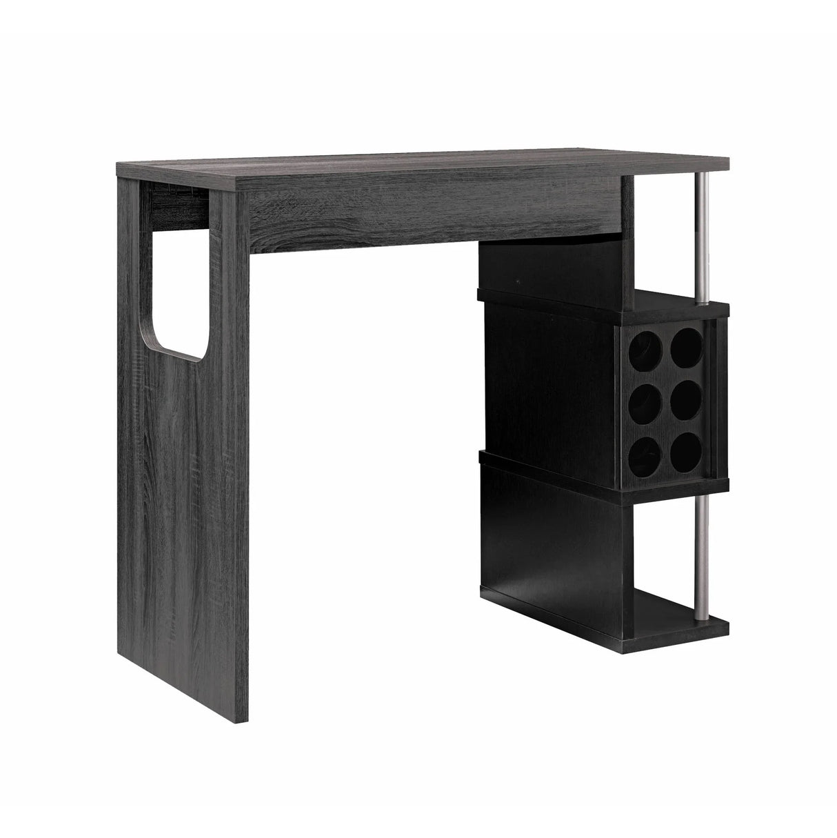 Home Bar Table With Wine Glass Compartment And Three Shelves - Distressed Gray / Black - Furniture Home Direct