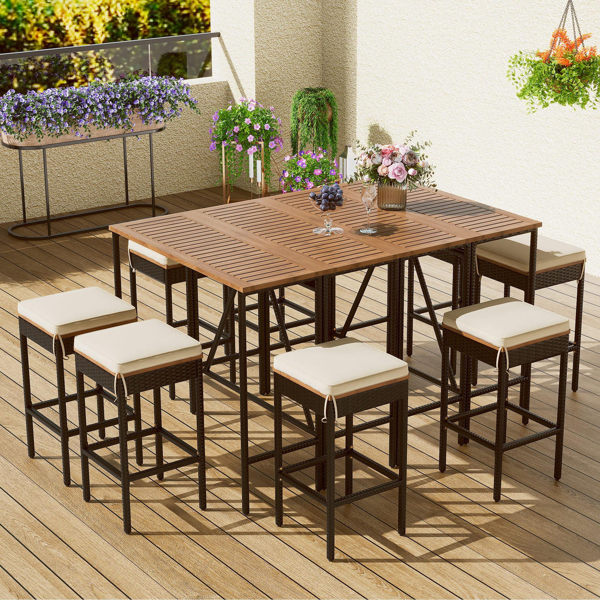 Outdoor Acacia Wood Bar Height Table And Eight Stools With Cushions - Furniture Home Direct