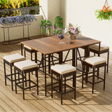 Outdoor Acacia Wood Bar Height Table And Eight Stools With Cushions - Furniture Home Direct