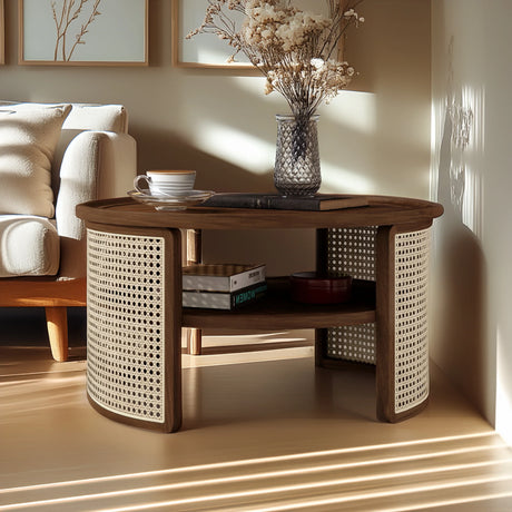 2-Tiered Round Walnut Wood Coffee Table - Furniture Home Direct