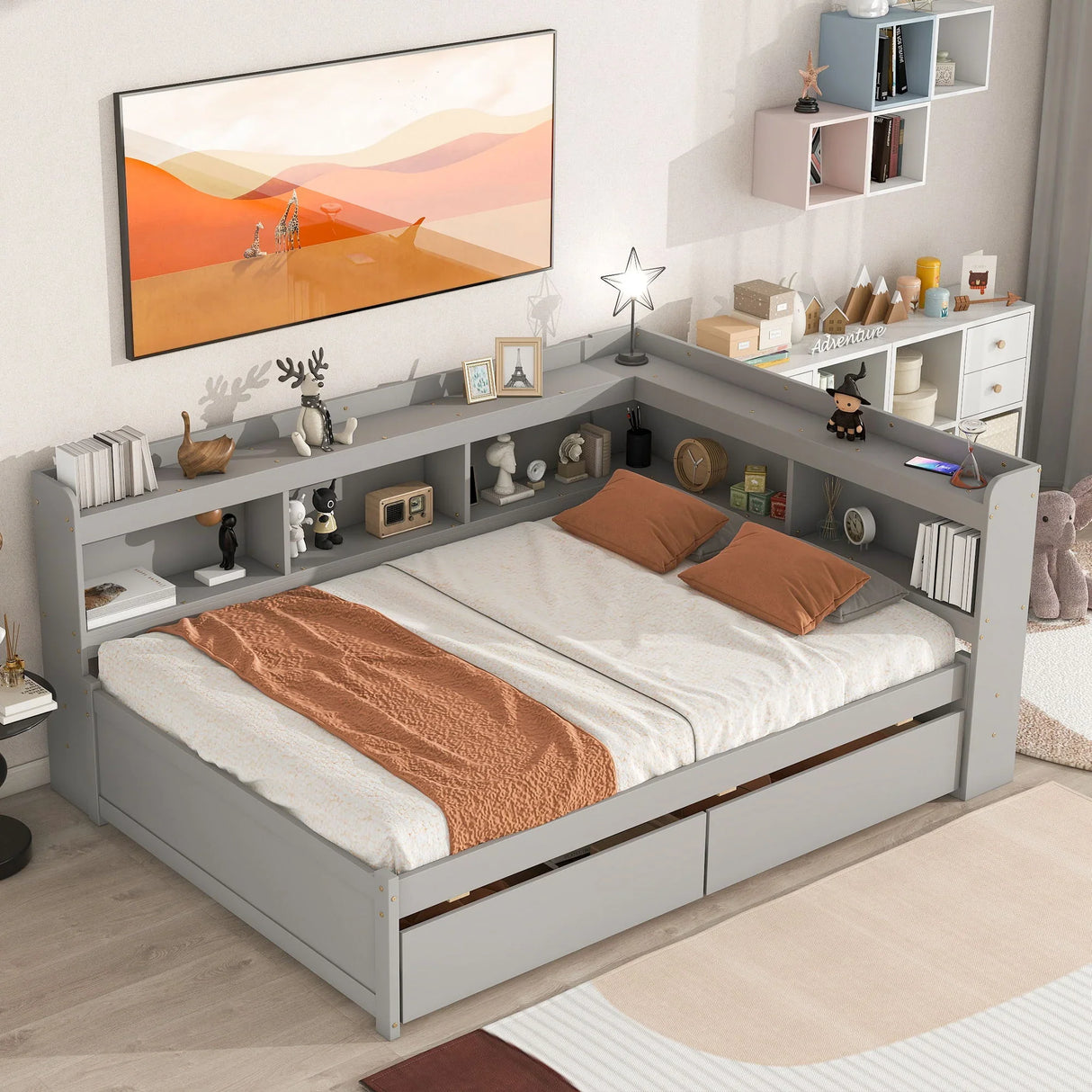 Full Bed With L-Shaped Bookcases, Drawers - Furniture Home Direct