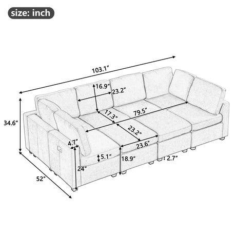 Sectional Sofa Couch Sofa Bed U-Shaped Sofa With Two Movable Ottoman And Three USB Ports For Living Room - Furniture Home Direct