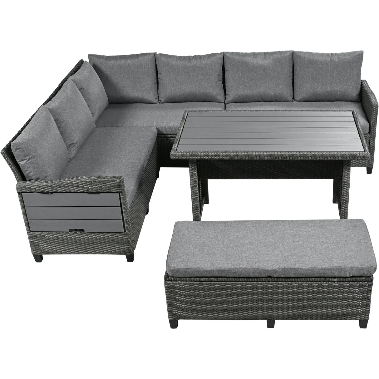 Outdoor Sectional With Side Tables, Tables and Sitting Ottoman- Gray - Furniture Home Direct