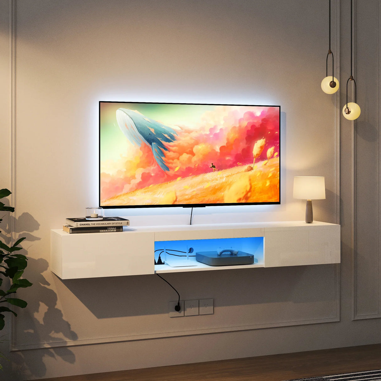 Wall Mounted TV Stand 63 Inch LED Illuminated White - Furniture Home Direct