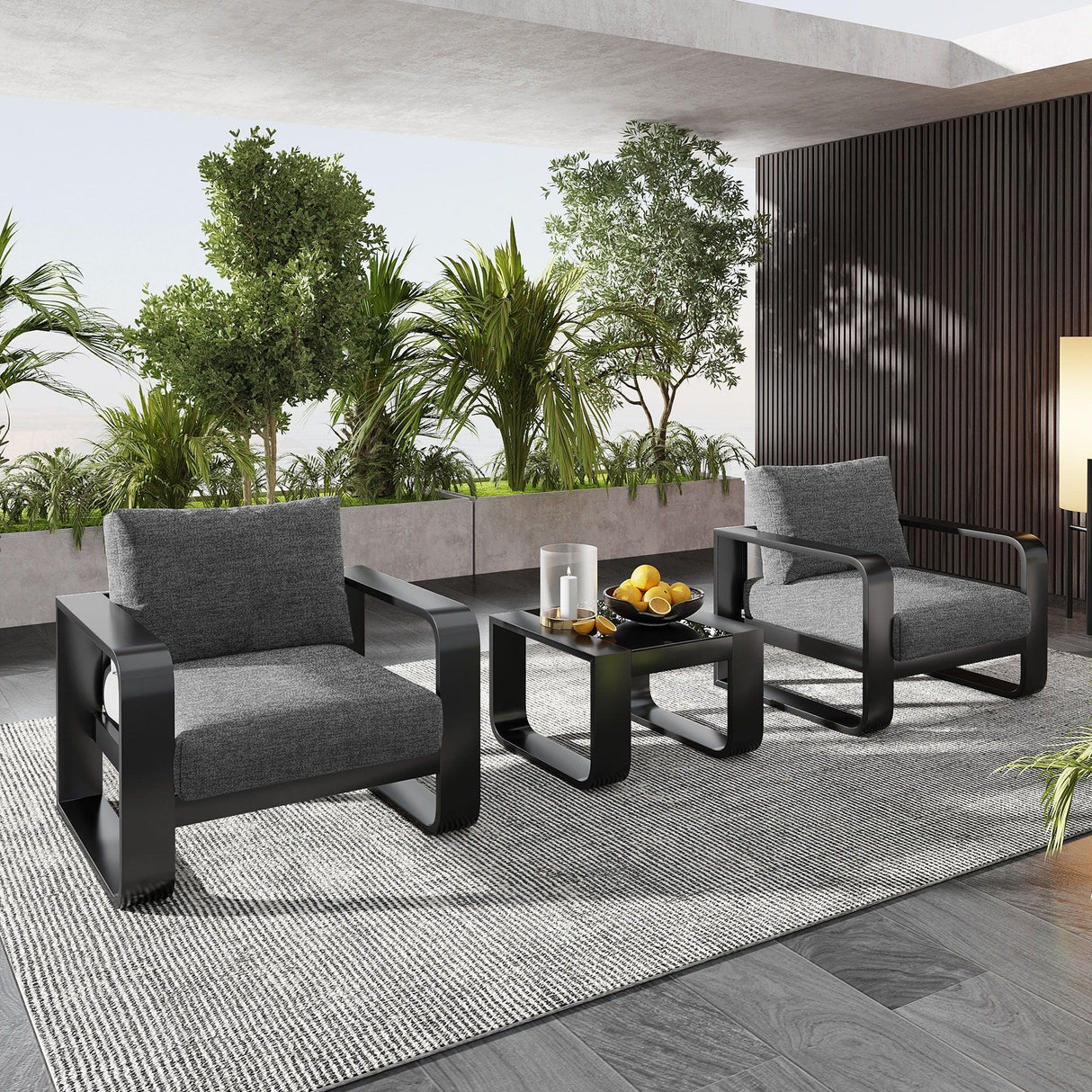 3 Piece Aluminum Frame Patio Furniture With 6.7" Thick Cushion And Coffee Table, All Weather Use Olefin Fabric Outdoor Chair - Gray / Black - Furniture Home Direct