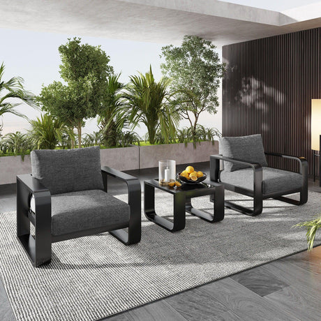 3 Piece Aluminum Frame Patio Furniture With 6.7" Thick Cushion And Coffee Table, All Weather Use Olefin Fabric Outdoor Chair - Gray / Black - Furniture Home Direct