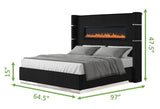 Upholstered Queen Bed with Fireplace in Black Velvet Finish - Furniture Home Direct