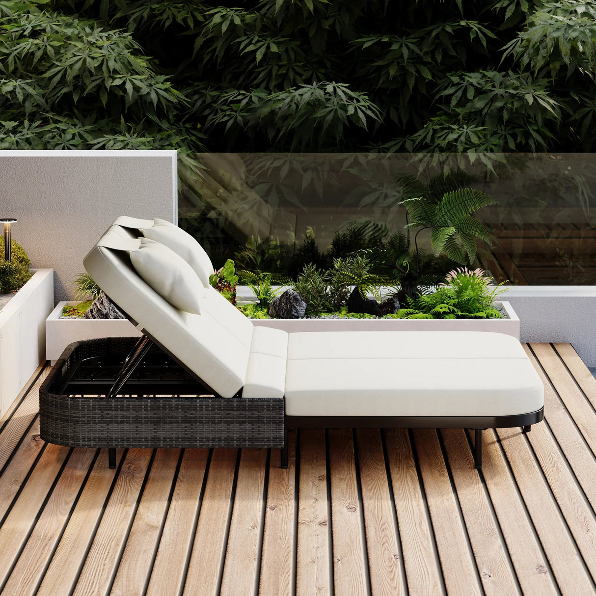 Outdoor Wicker Double Chaise (Black Frame+Beige Cushion) - Furniture Home Direct