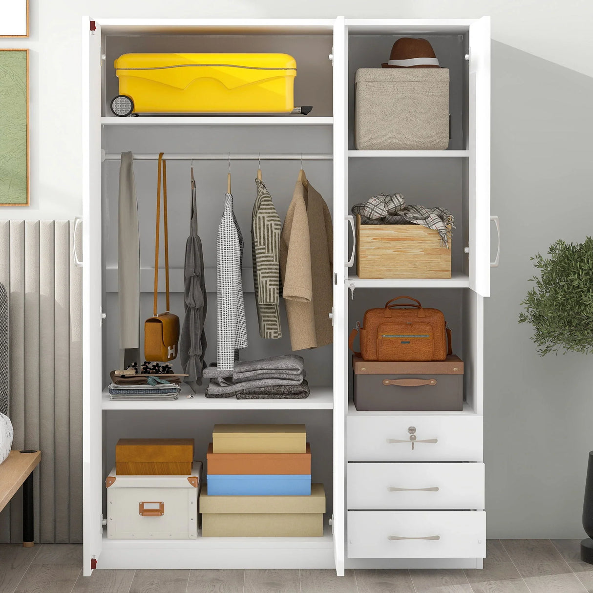 2 Doors Wardrobe Storage For Bedroom With Shelves And 3 Drawers - Furniture Home Direct