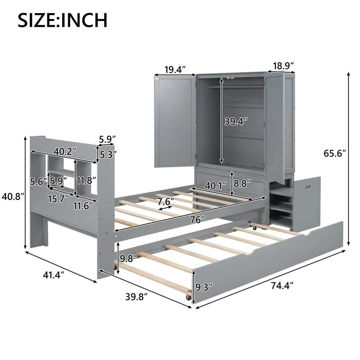 Twin Platform Bed With Storage Headboard Shelves Gray - Furniture Home Direct