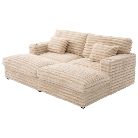 Plush Oversized Double Chaise Lounge Sofa Bed With USB Ports And Cup Holders - Furniture Home Direct