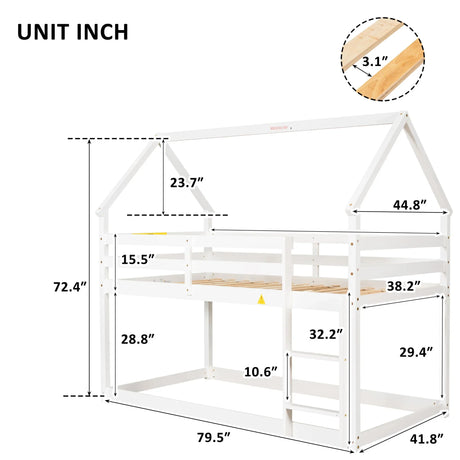 Twin Over Twin Loft Bed With Roof Design, Safety Guardrail, Ladder - Furniture Home Direct