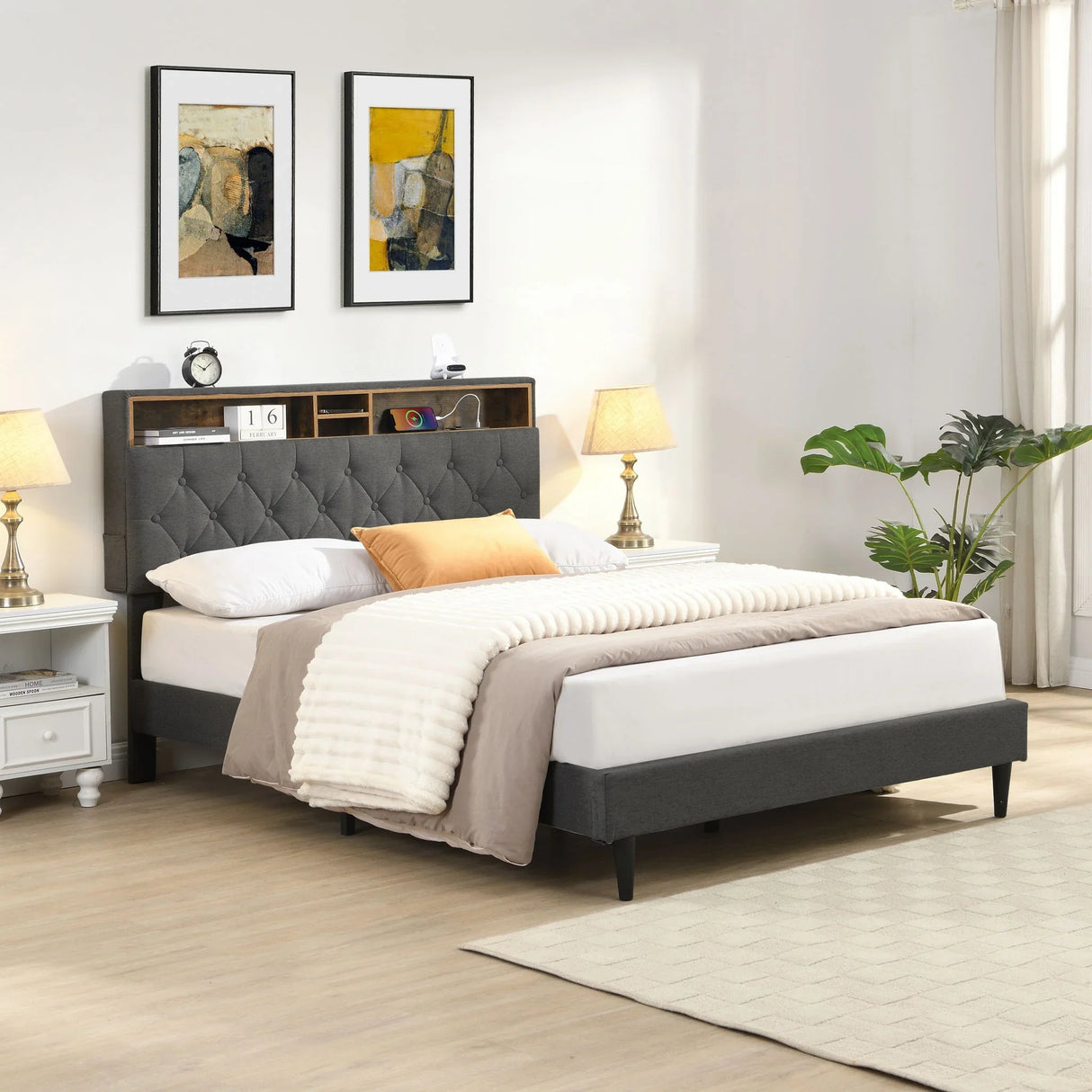 Modern Upholstered Platform Bed Frame With Button Tufted Headboard And USB Ports - Furniture Home Direct
