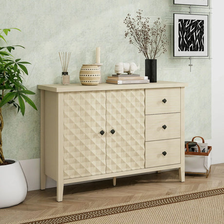 Modern 2 Door 3 Drawer Storage Cabinet, Buffet Cabinet With 2 Embossed Door For Living Room, Kitchen, Entryway - Natural - Furniture Home Direct