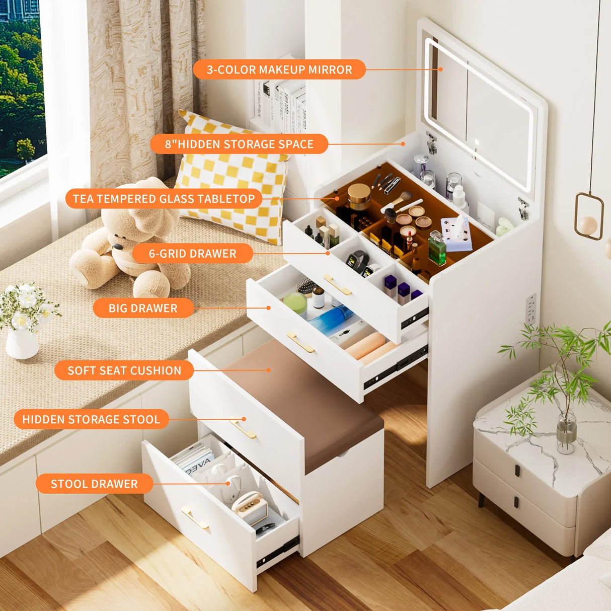 Vanity Table With Flip Top Four Drawers And Stool White - Furniture Home Direct