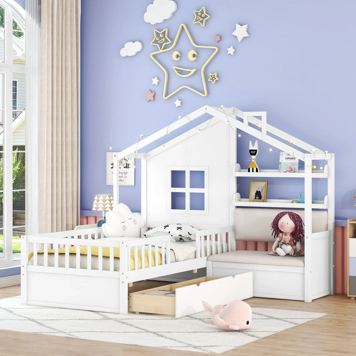 House Bed With Sofa, Kids Platform Bed With 2 Drawers And Storage Shelf - Furniture Home Direct