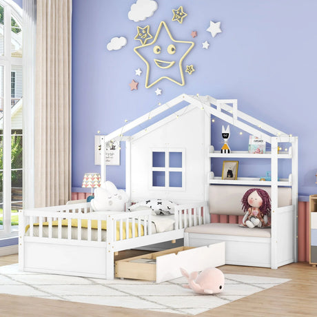 House Bed With Sofa, Kids Platform Bed With 2 Drawers And Storage Shelf - Furniture Home Direct
