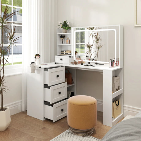 Vanity Desk With Lights And Built In Mirror In White - Furniture Home Direct