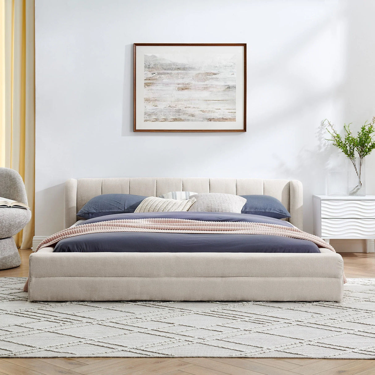 Modern Upholstered Bed Frame With Thick Chenille Fabric And Headboard - Furniture Home Direct