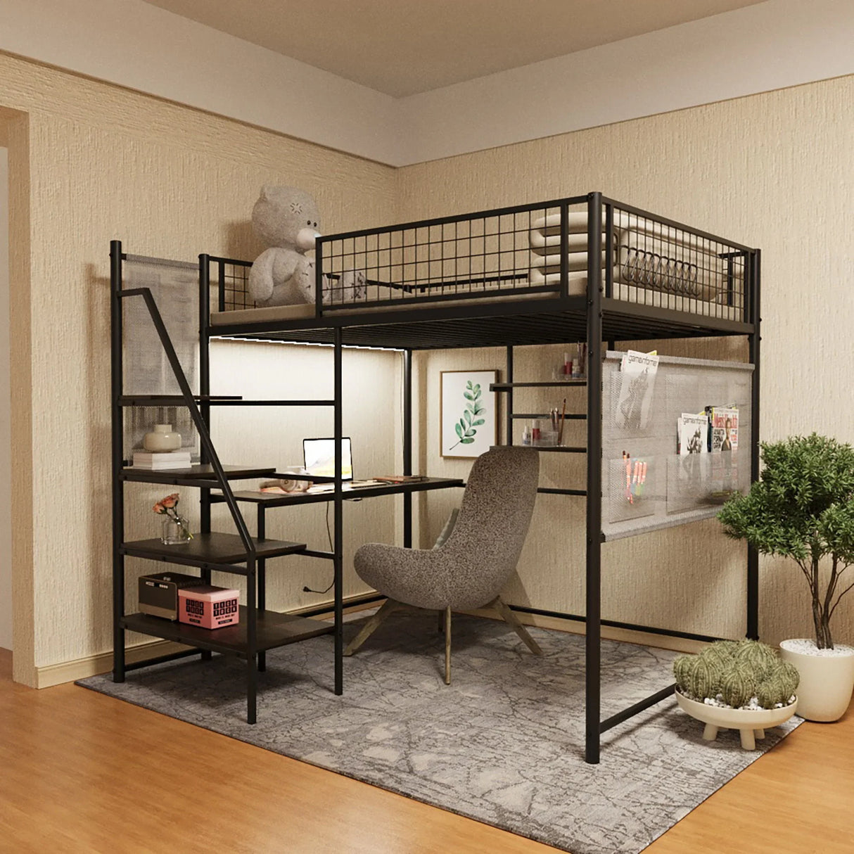 Metal Loft Bed With Built - In Charging Station And LED Light - Furniture Home Direct
