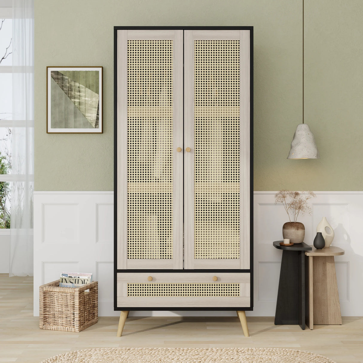Wardrobe With 2 Rattan Doors And Drawer Natural Black - Furniture Home Direct