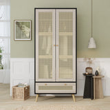 Wardrobe With 2 Rattan Doors And Drawer Natural Black - Furniture Home Direct