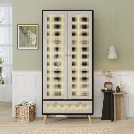 Wardrobe With 2 Rattan Doors And Drawer Natural Black - Furniture Home Direct