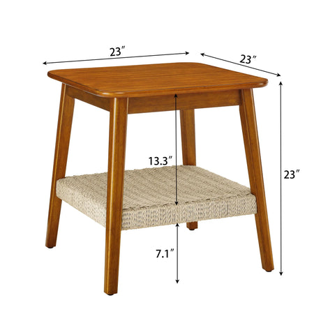 Mid - Century Square Side Table With Woven Shelf - Walnut - Furniture Home Direct