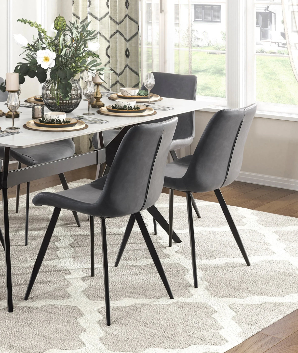 Dining Set Marble Look Table Faux Leather Chairs Gray - Furniture Home Direct