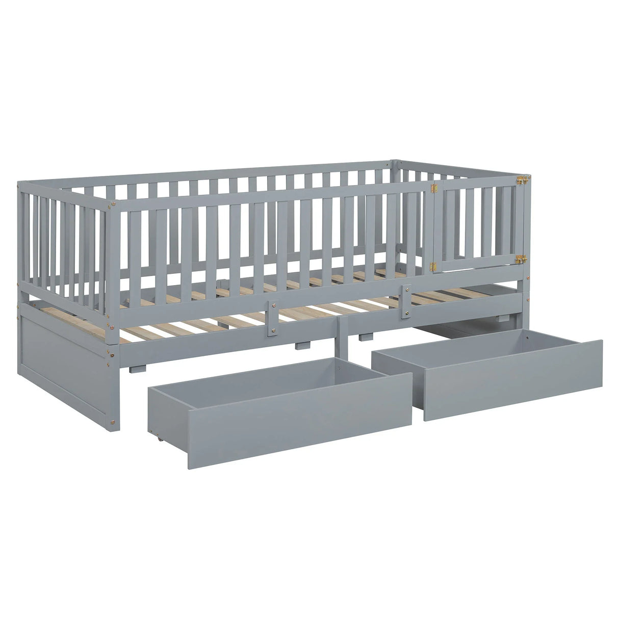 Daybed With Fence Guardrails And 2 Drawers, Split Into Independent Floor Bed & Daybed - Furniture Home Direct
