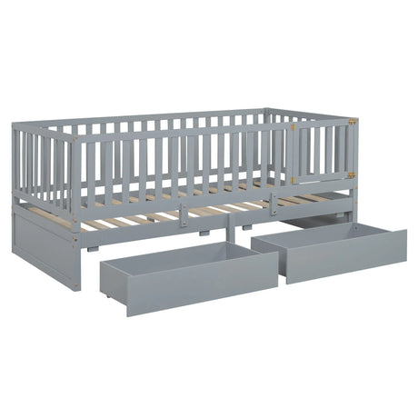 Daybed With Fence Guardrails And 2 Drawers, Split Into Independent Floor Bed & Daybed - Furniture Home Direct