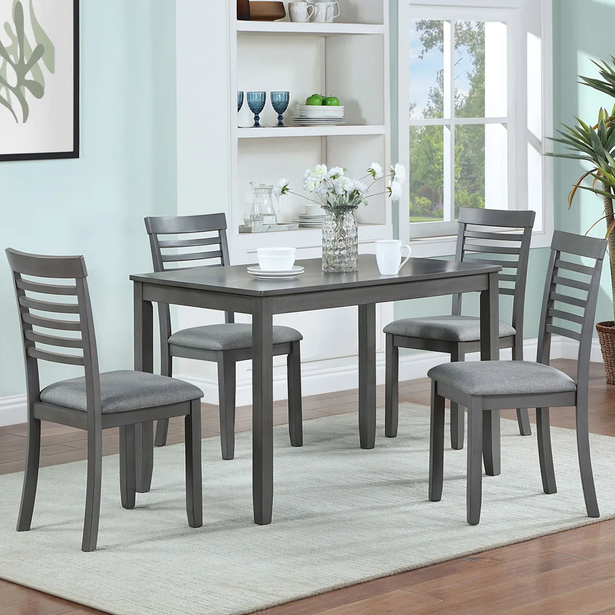 5 Pieces Modern Dining Set, Rectangular Wooden Dining Table With 4 Upholstered Chairs - Furniture Home Direct