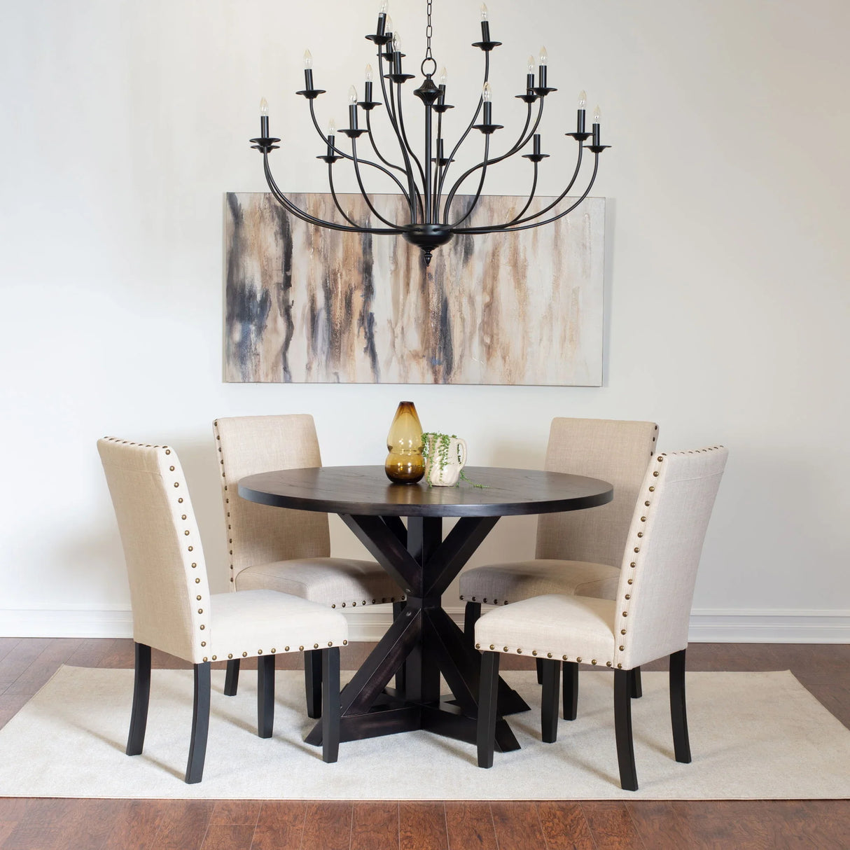 Mytzi - 5 Piece Dining Set, Cross-Buck Dining Table With 4 Stylish Chairs - Black / Beige - Furniture Home Direct