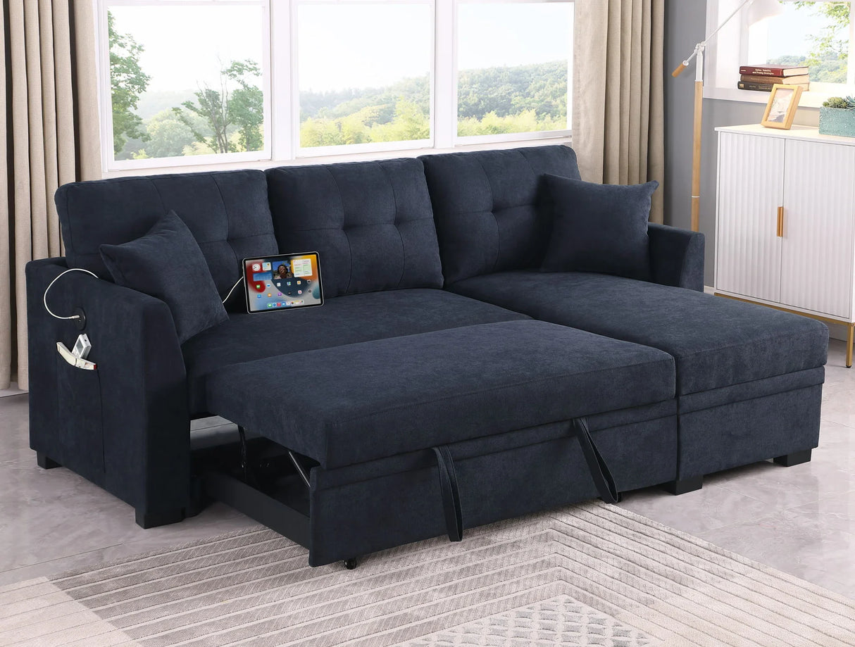 Sectional Sofa Bed L Shaped Sofa Couch Bed With USB Port, Reversible Chaise With Storage - Furniture Home Direct